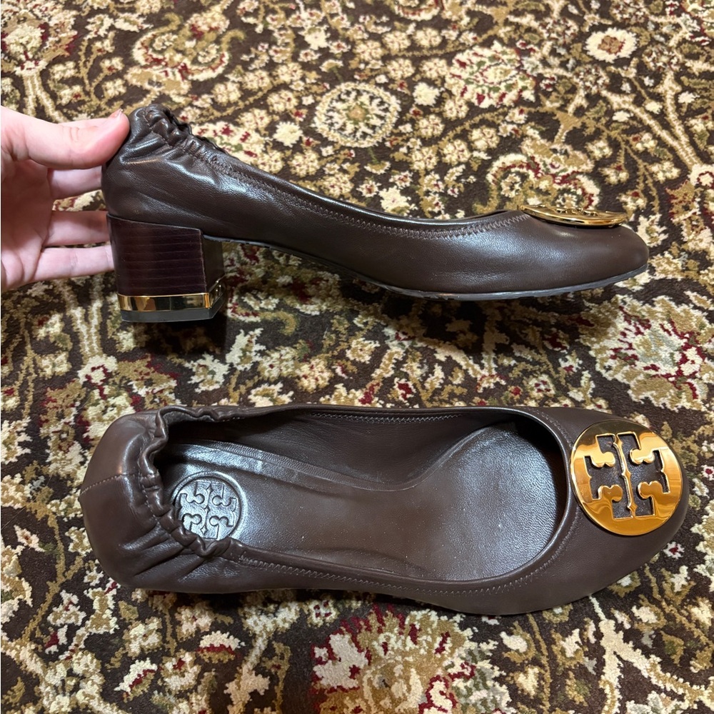 Tory Burch brown and gold logo block heels